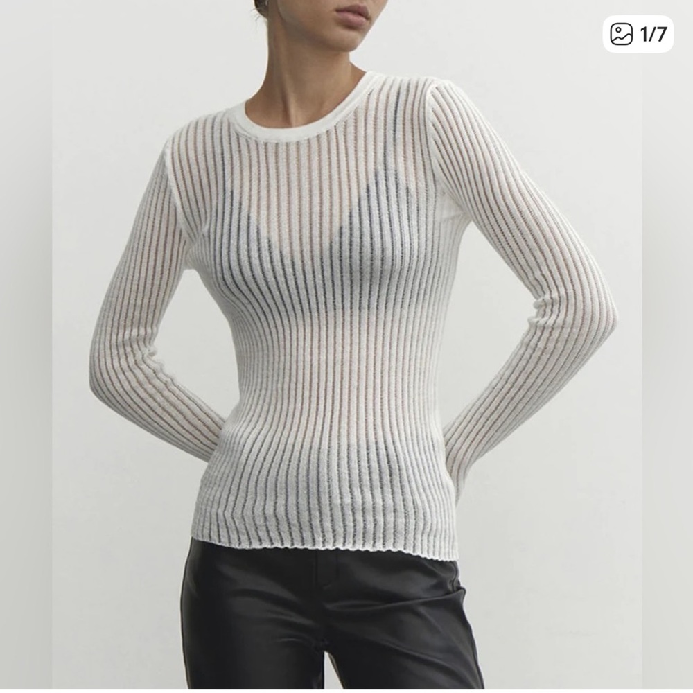 Zara White Sheer Ribbed Long Sleeve Sweater Size L